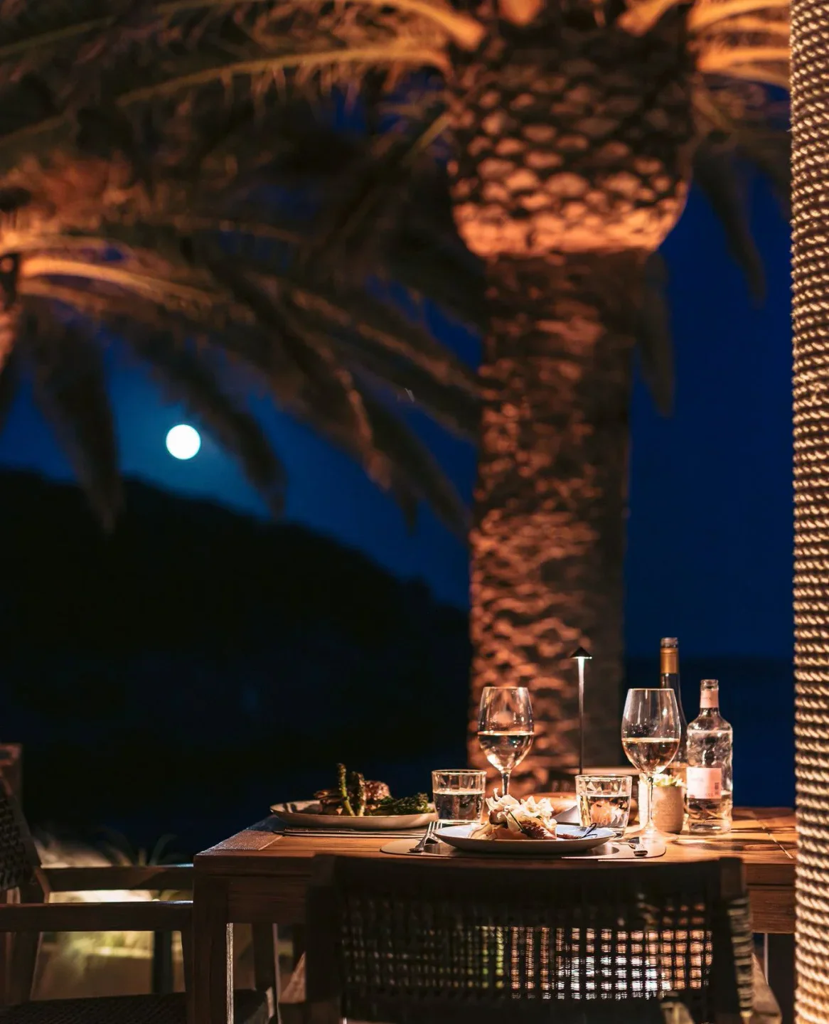 Romantic dinner setting at Aiyanna restaurant in Ibiza under the moonlight with palm trees.