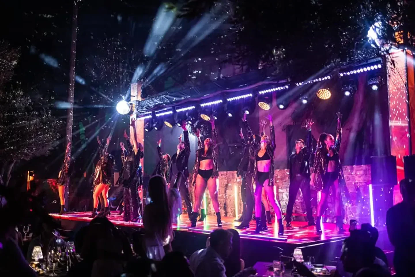 Performers on stage at Lio Ibiza nightclub, with vibrant lights and an energetic atmosphere.