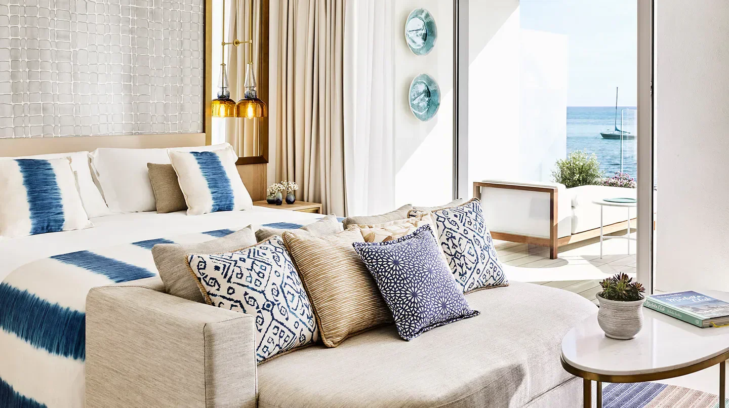 Stylish hotel room with sea views at Nobu Hotel Ibiza Bay in Ibiza.