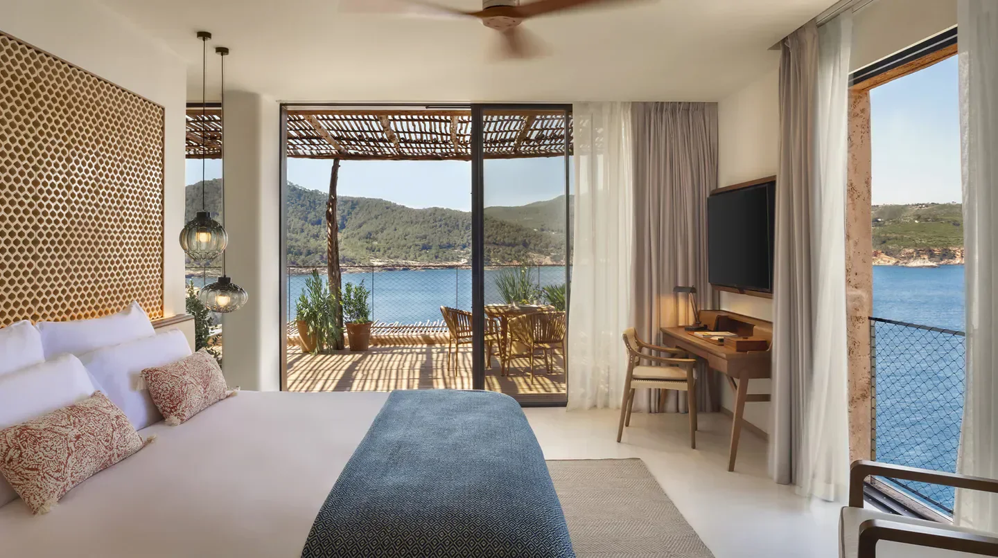 Bedroom view at Six Senses Ibiza overlooking the Mediterranean Sea in Ibiza, Spain.