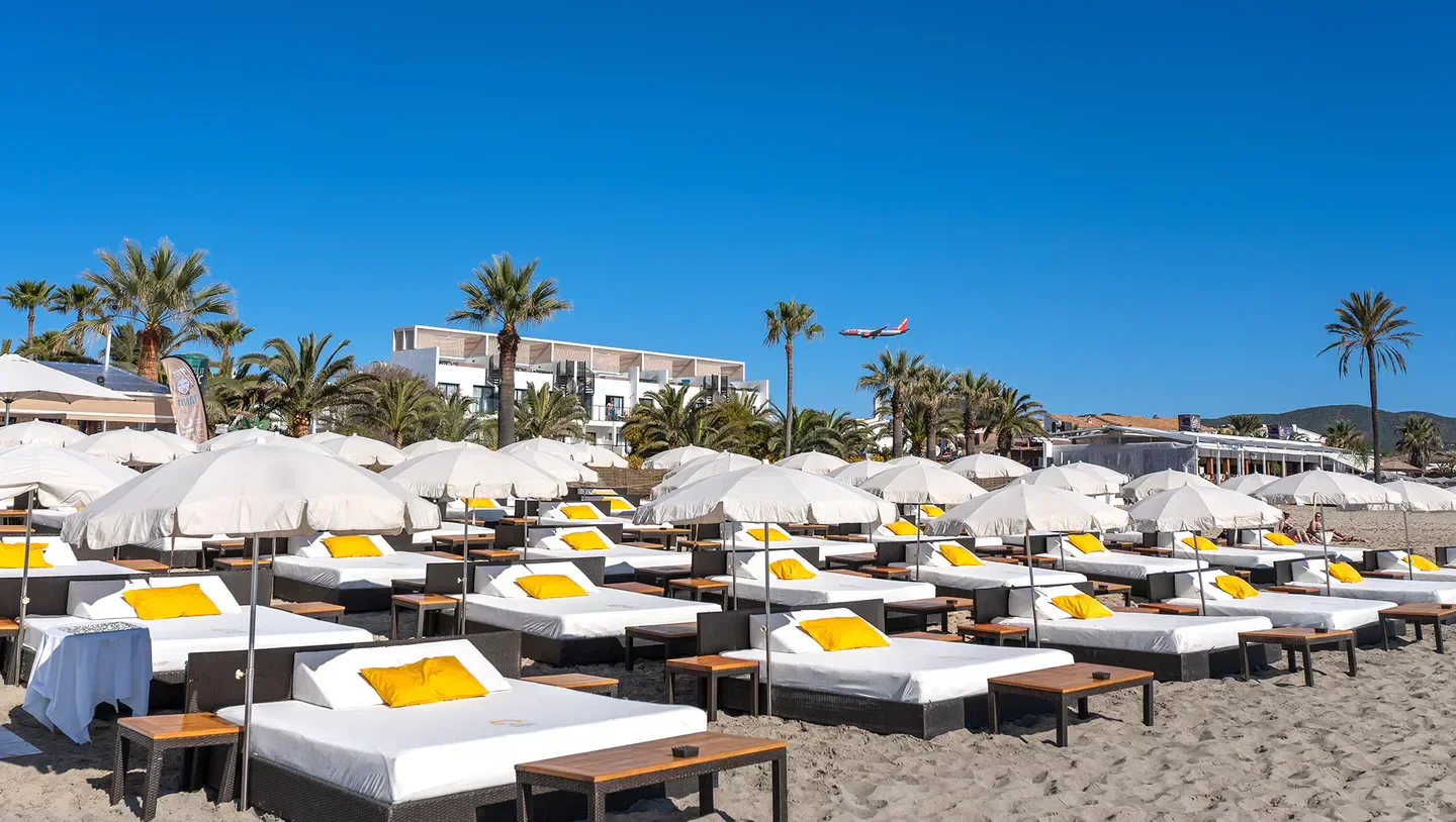 Beach loungers at Tanit Beach Club, Ibiza, with umbrellas and a blue sky
